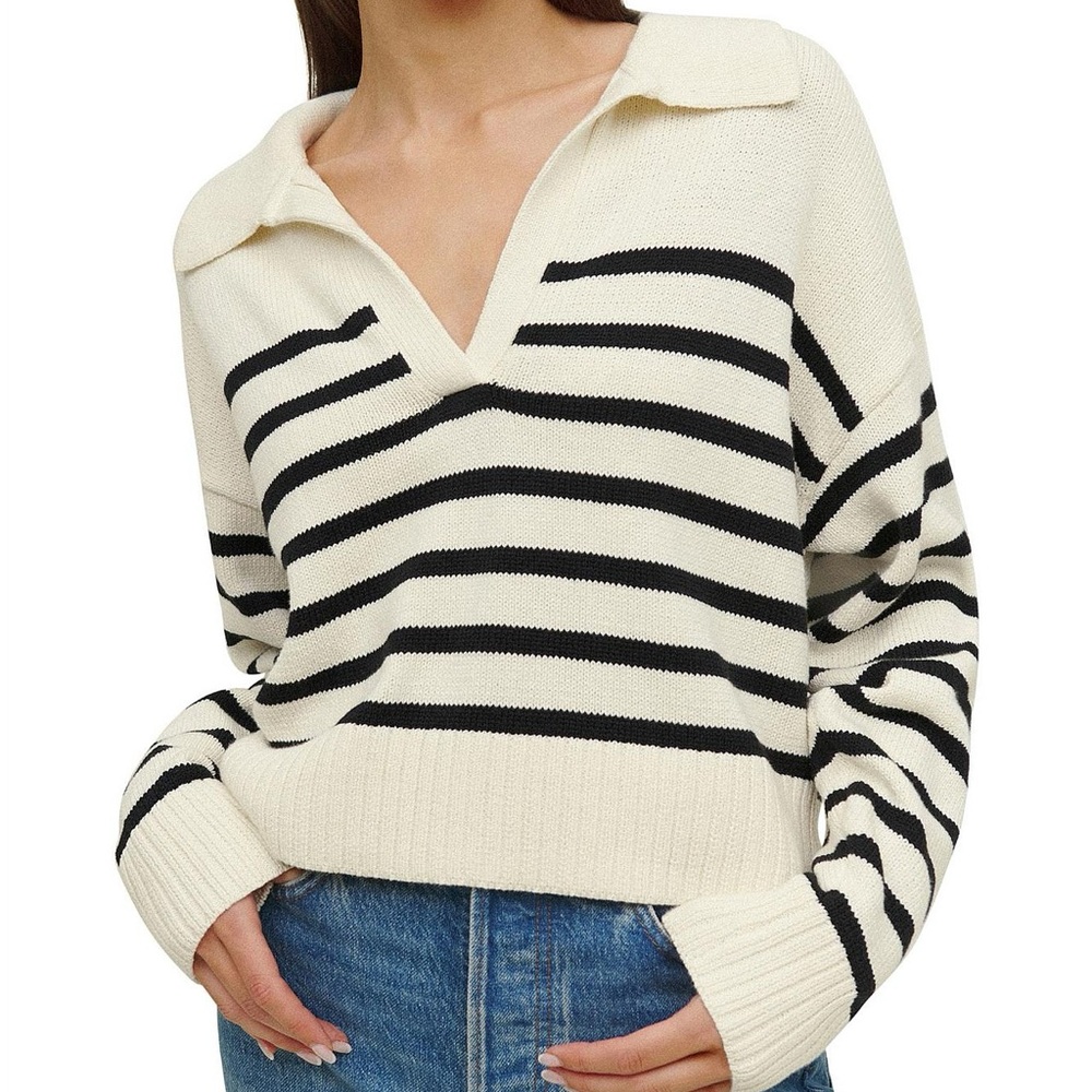 Reformation Cream and Black Francesco Polo Striped V-Neck Sweater